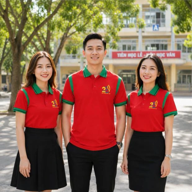 Cựu học sinh mặc áo polo họp lớp 20 năm màu đỏ phối xanh lá trước cổng trường – AKOPA