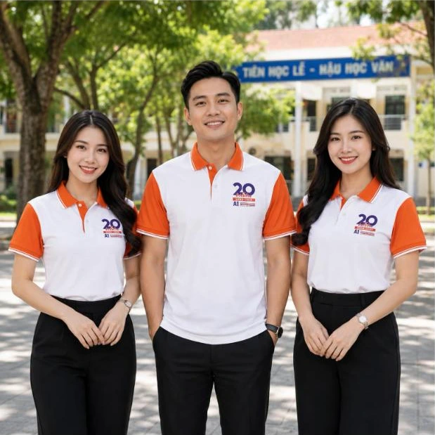 Cựu học sinh mặc áo polo họp lớp 20 năm trắng phối cam “One for all” trước cổng trường – AKOPA