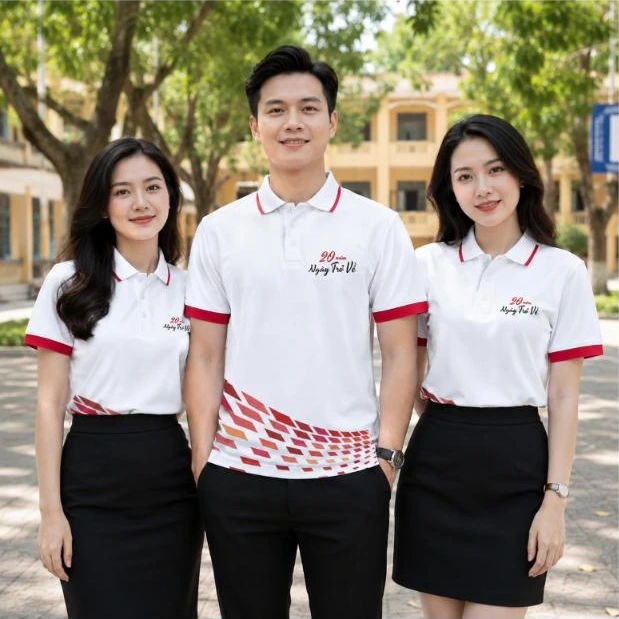 Cựu học sinh mặc áo polo họp lớp 20 năm màu trắng phối đỏ “Ngày trở về” trước cổng trường – AKOPA