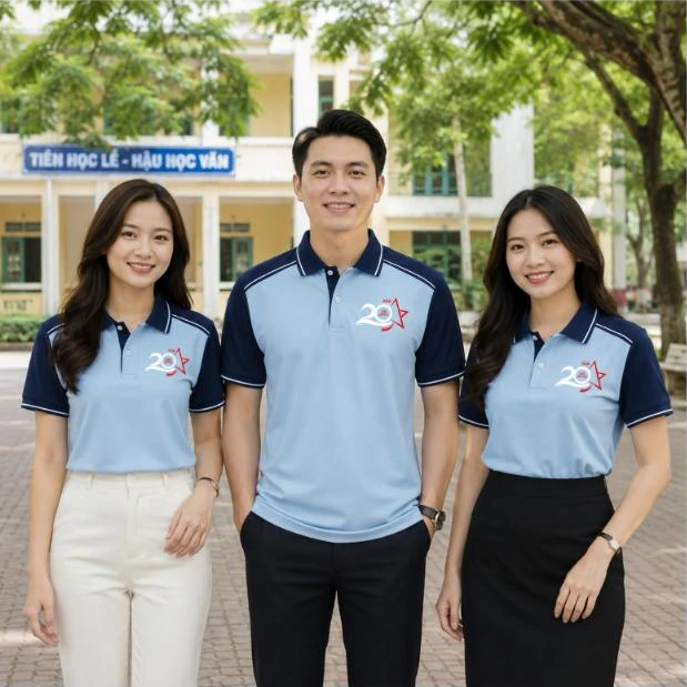Cựu học sinh mặc áo polo họp lớp 20 năm xanh pastel phối xanh navy “Ngày hội ngộ” trước cổng trường – AKOPA