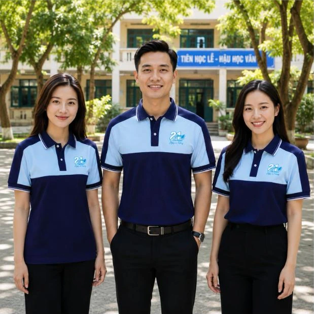 Cựu học sinh mặc áo polo họp lớp 21 năm xanh navy phối xanh pastel trước cổng trường – AKOPA