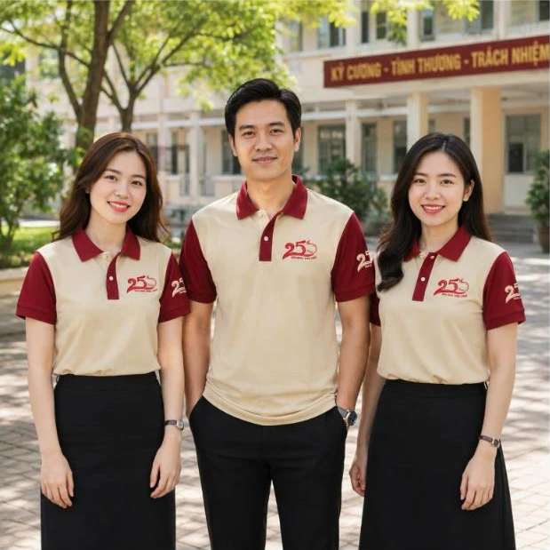 Cựu học sinh mặc áo polo họp lớp 25 năm màu kem phối đỏ đô trước cổng trường – AKOPA