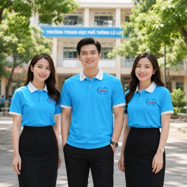 Cựu học sinh mặc áo polo họp lớp 30 năm xanh da trời cổ trắng trước cổng trường – AKOPA