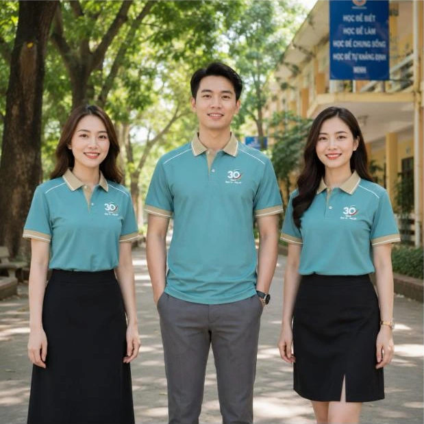 Cựu học sinh mặc áo polo họp lớp 30 năm xanh pastel phối kem “1 chặng đường” trước cổng trường – AKOPA