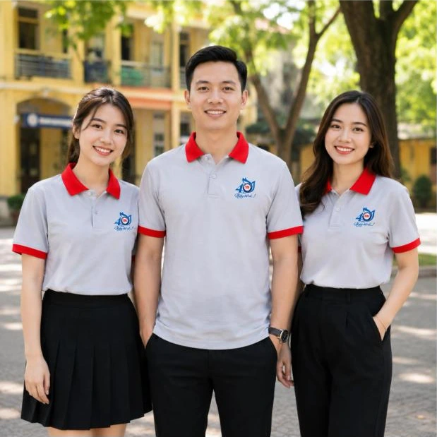 Cựu học sinh mặc áo polo họp lớp 40 năm màu xám cổ đỏ “Ngày trở về” trước cổng trường – AKOPA