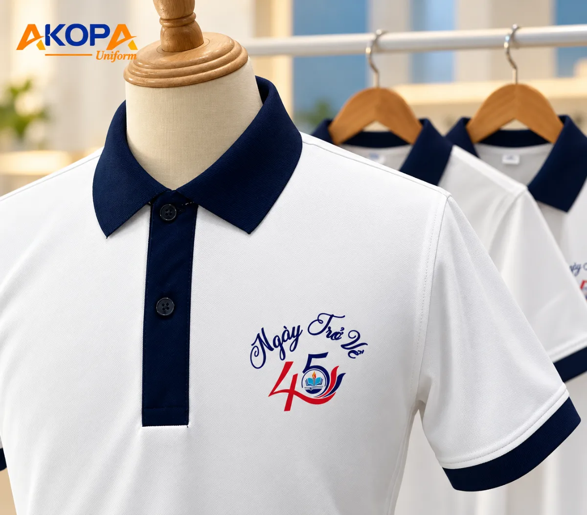 Áo polo họp lớp kỷ niệm 45 năm, cổ phối navy – AKOPA