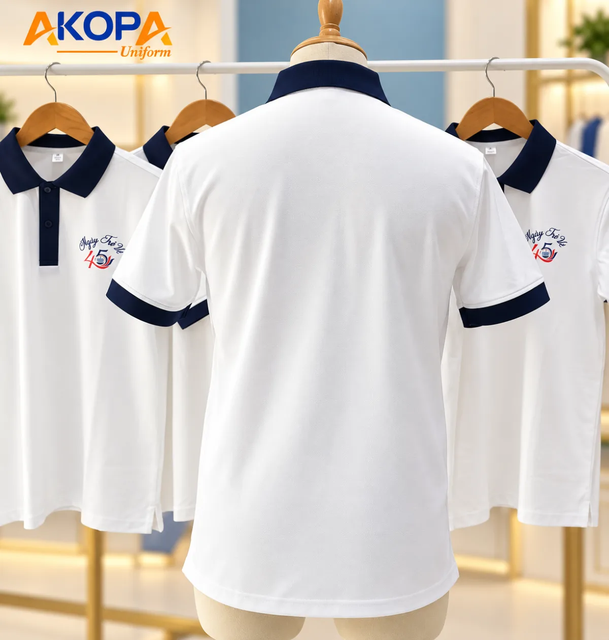 Áo họp lớp kỷ niệm 45 năm màu trắng phối navy – đơn hàng thực tế AKOPA