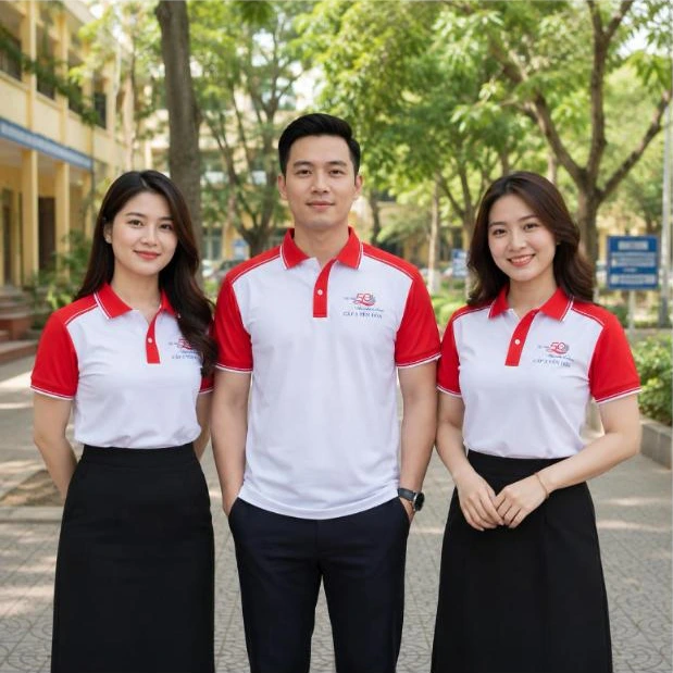 Cựu học sinh mặc áo polo họp lớp 50 năm màu trắng phối đỏ trước cổng trường – AKOPA