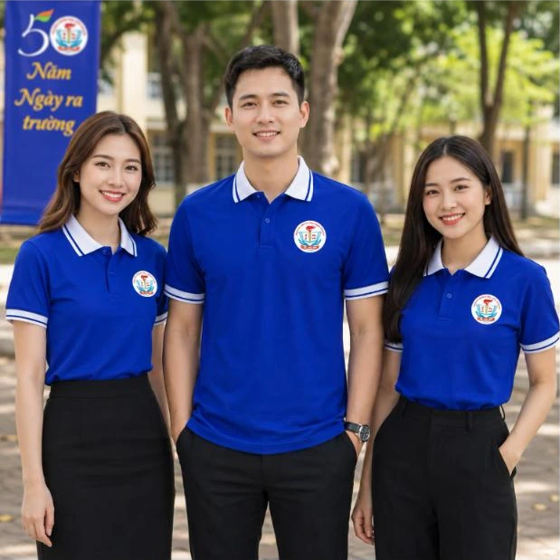 Cựu học sinh mặc áo polo họp lớp 50 năm xanh dương đậm cổ trắng trước cổng trường – AKOPA
