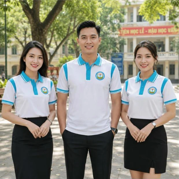 Cựu học sinh mặc áo polo họp lớp 60 năm màu trắng phối xanh ngọc trước cổng trường – AKOPA