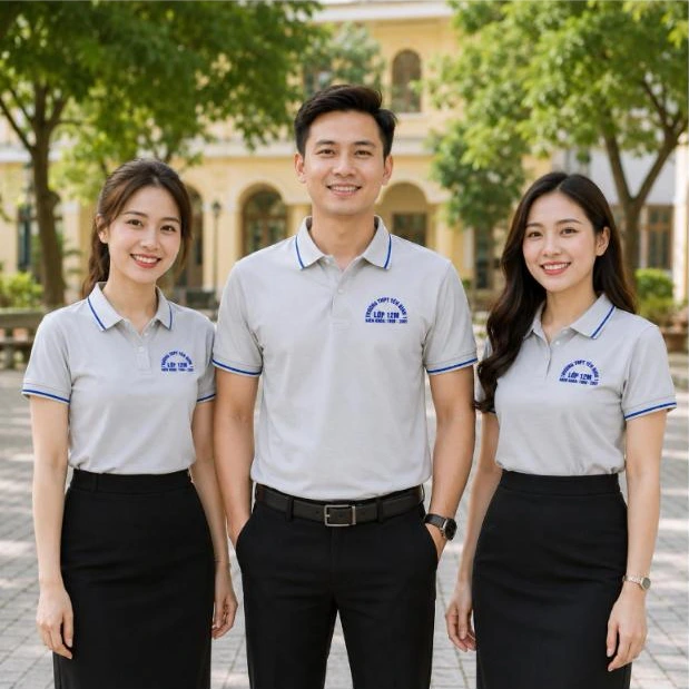 Cựu học sinh mặc áo polo họp lớp màu xám viền xanh dương lớp 12 trước cổng trường – AKOPA