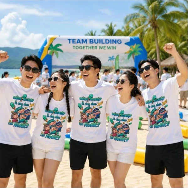 Áo phông nhóm team building in slogan “Đồng nghiệp là cùng nhau tạo nghiệp” – ATB08