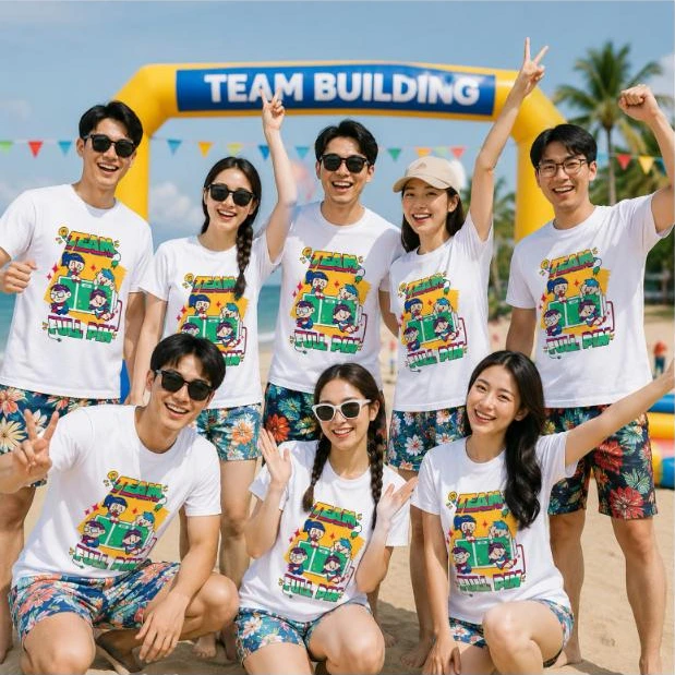 Nhóm nhân viên mặc áo phông nhóm in slogan “Team full pin” khi đi team building – AKOPA