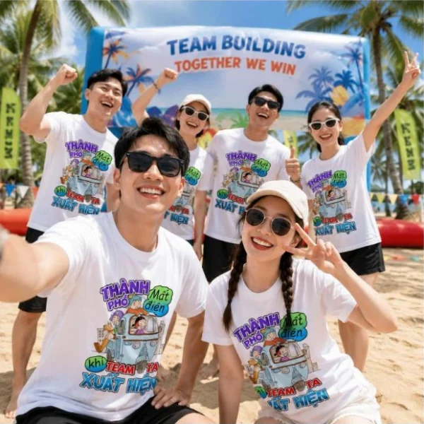 Áo phông nhóm team building in slogan “Thành phố mất điện khi team ta xuất hiện” – ATB01