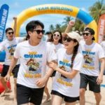 Nhóm nhân viên mặc áo phông nhóm in slogan “Vượt gian nan, phá tan thách thức” khi đi team building – AKOPA