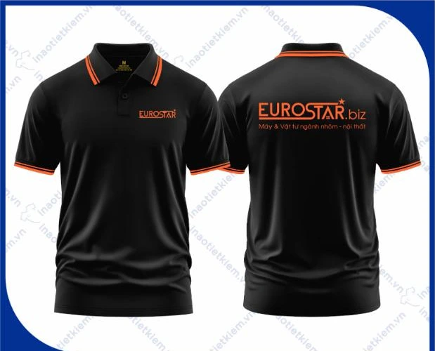 Mẫu áo polo đồng phục màu đen viền cam in logo công ty nội thất, xây dựng, mặt trước và mặt sau – AKOPA