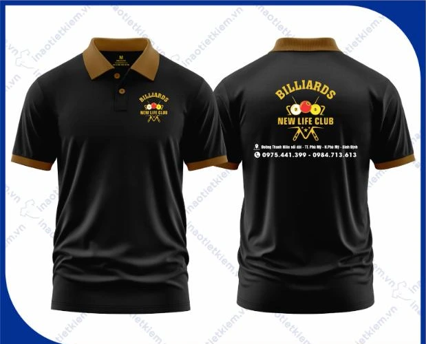 Mẫu áo polo đồng phục màu đen cổ nâu in logo câu lạc bộ bida, mặt trước và mặt sau – AKOPA