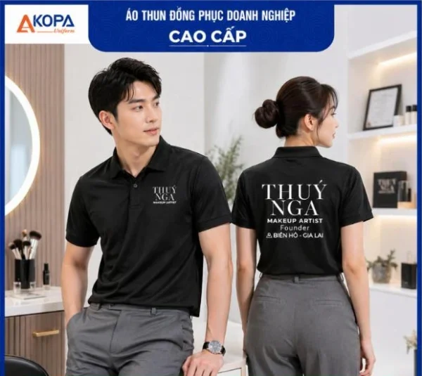 Áo polo đồng phục màu đen in logo tiệm makeup, spa – APL03