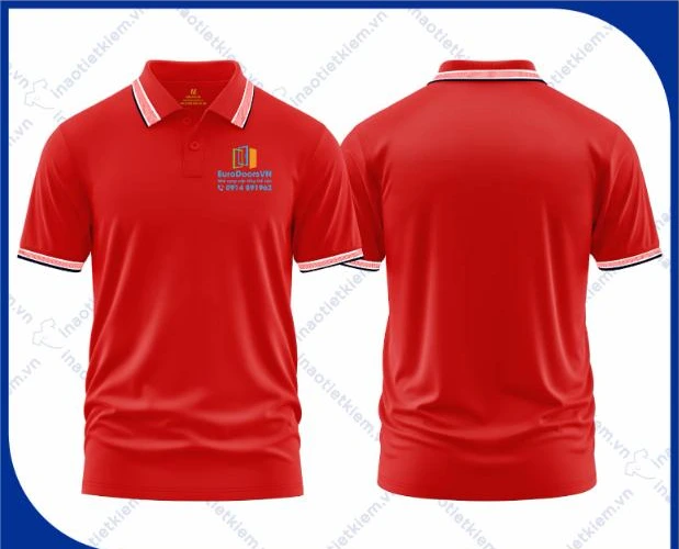 Mẫu áo polo đồng phục màu đỏ cổ dệt phối màu in logo công ty nội thất, xây dựng, mặt trước và mặt sau – AKOPA