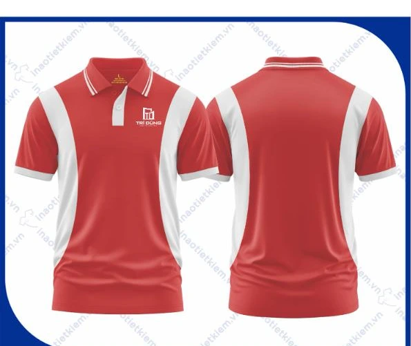 Mẫu áo polo đồng phục màu đỏ phối trắng in logo công ty nội thất, xây dựng, mặt trước và mặt sau – AKOPA