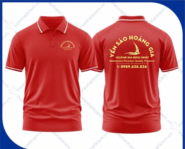 Mẫu áo polo đồng phục màu đỏ viền trắng in logo cửa hàng yến sào, mặt trước và mặt sau – AKOPA