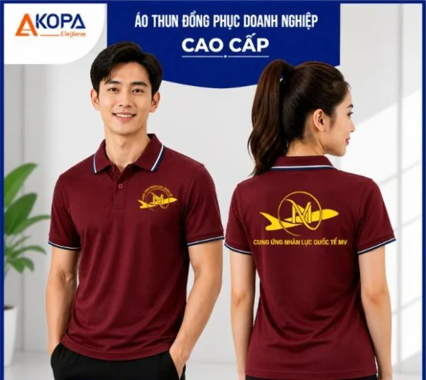 Áo polo đồng phục màu đỏ đô viền xanh in logo công ty cung ứng nhân lực – APL16