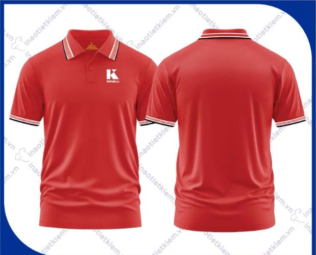 Mẫu áo polo đồng phục màu đỏ cam viền đen trắng in logo công ty quảng cáo, sự kiện, mặt trước và mặt sau – AKOPA