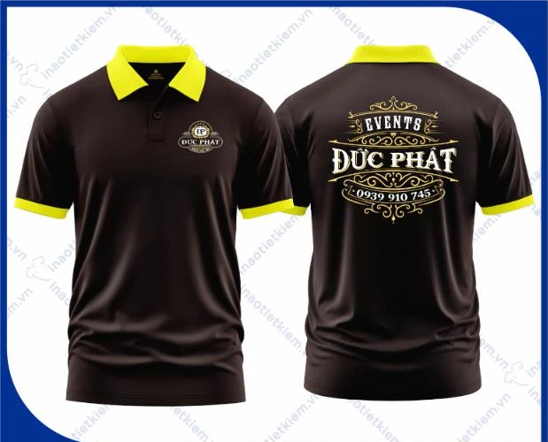 Mẫu áo polo đồng phục màu nâu đậm cổ vàng chanh in logo công ty quảng cáo, sự kiện, mặt trước và mặt sau – AKOPA