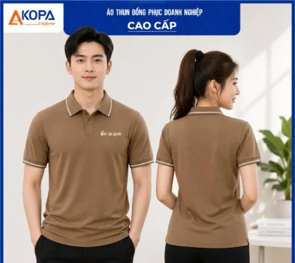 Áo polo đồng phục màu nâu viền trắng in logo nhỏ trước ngực phong cách tối giản – APL14