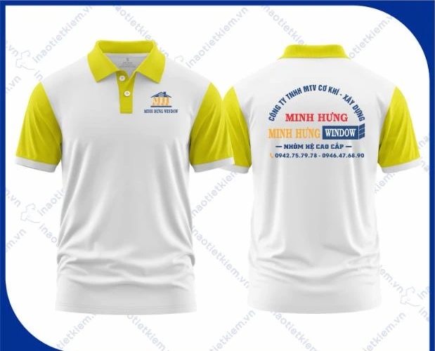 Mẫu áo polo đồng phục màu trắng phối tay vàng in logo công ty nội thất, xây dựng, mặt trước và mặt sau – AKOPA