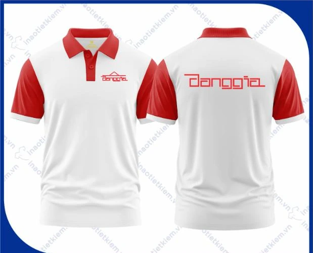 Mẫu áo polo đồng phục màu trắng tay đỏ in logo công ty nội thất, xây dựng, mặt trước và mặt sau – AKOPA