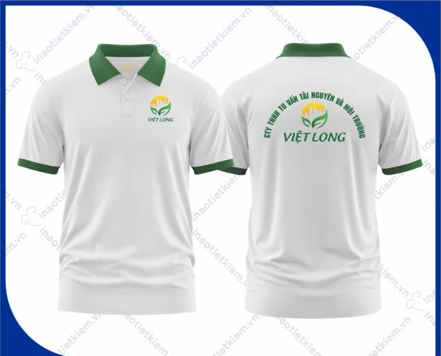 Mẫu áo polo đồng phục màu trắng cổ xanh lá in logo công ty tư vấn môi trường, mặt trước và mặt sau – AKOPA