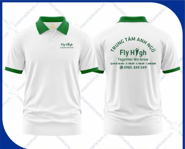 Mẫu áo polo đồng phục màu trắng cổ xanh lá in logo trung tâm ngoại ngữ, giáo dục, mặt trước và mặt sau – AKOPA