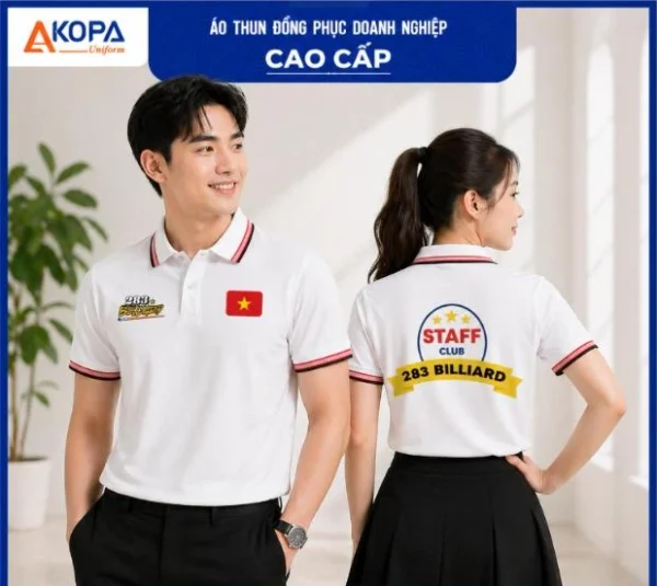 Áo polo đồng phục màu trắng viền đỏ đen in logo câu lạc bộ billiard – APL22