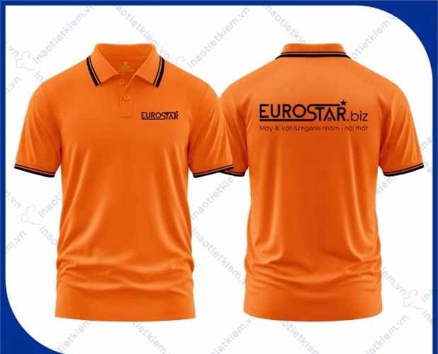 Mẫu áo polo đồng phục màu cam viền đen in logo công ty nội thất, xây dựng, mặt trước và mặt sau – AKOPA
