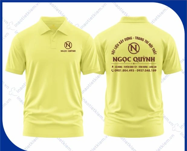 Mẫu áo polo đồng phục màu vàng chanh in logo công ty nội thất, xây dựng, mặt trước và mặt sau – AKOPA