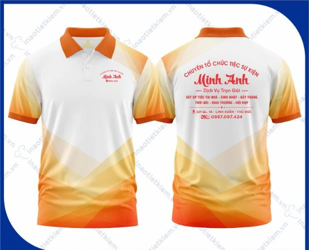 Mẫu áo polo đồng phục màu cam phối trắng in chuyển nhiệt in logo dịch vụ trang trí sự kiện, tiệc, mặt trước và mặt sau – AKOPA