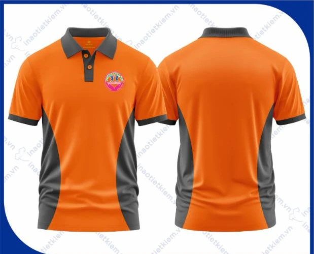 Mẫu áo polo đồng phục màu cam phối xám in logo trung tâm ngoại ngữ, giáo dục, mặt trước và mặt sau – AKOPA