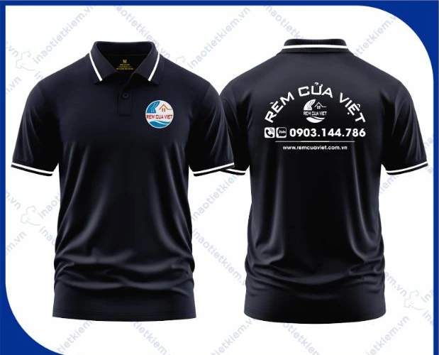 Mẫu áo polo đồng phục màu xanh đen viền trắng in logo công ty nội thất, xây dựng, mặt trước và mặt sau – AKOPA