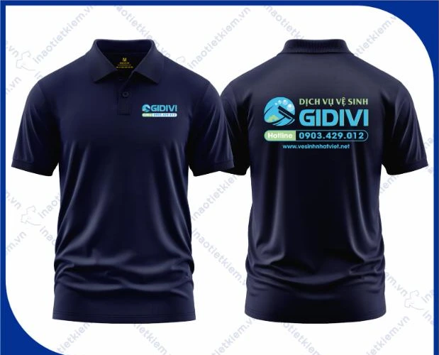 Mẫu áo polo đồng phục màu xanh đen trơn in logo công ty vệ sinh công nghiệp, mặt trước và mặt sau – AKOPA