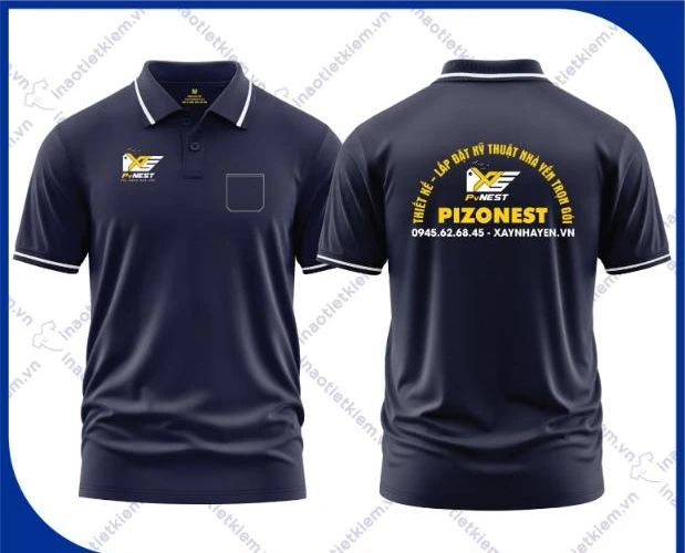 Mẫu áo polo đồng phục màu xanh đen có túi ngực viền trắng in logo công ty thiết kế nhà yến, mặt trước và mặt sau – AKOPA