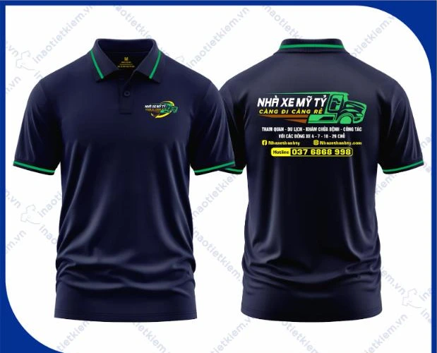 Mẫu áo polo đồng phục màu xanh đen viền xanh lá in logo nhà xe, vận tải hành khách, mặt trước và mặt sau – AKOPA