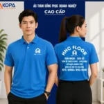 Nam nữ nhân viên mặc áo polo đồng phục màu xanh dương in logo công ty sàn gỗ, nội thất, mặt trước và mặt sau – AKOPA