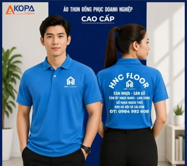 Áo polo đồng phục màu xanh dương in logo công ty sàn gỗ, nội thất – APL01