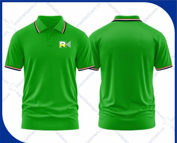 Mẫu áo polo đồng phục màu xanh lá tươi viền cổ đỏ đen in logo doanh nghiệp, mặt trước và mặt sau – AKOPA