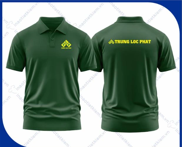 Mẫu áo polo đồng phục màu xanh rêu vàng trơn in logo doanh nghiệp, mặt trước và mặt sau – AKOPA