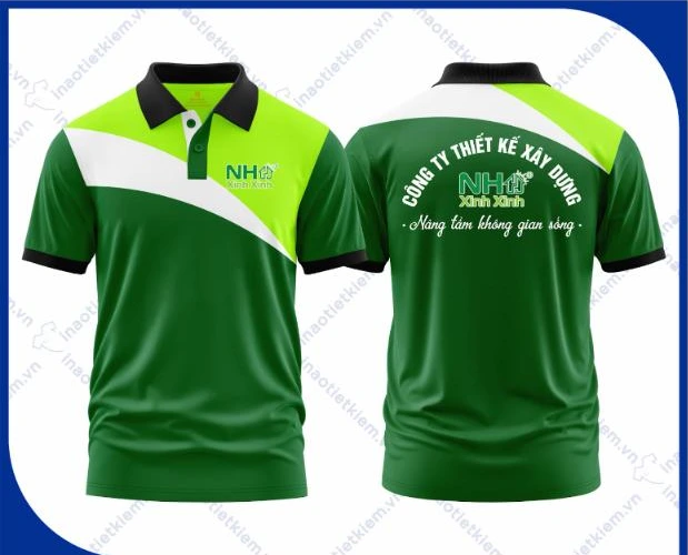 Mẫu áo polo đồng phục màu xanh lá phối xanh nõn chuối cổ đen in logo công ty nội thất, xây dựng, mặt trước và mặt sau – AKOPA