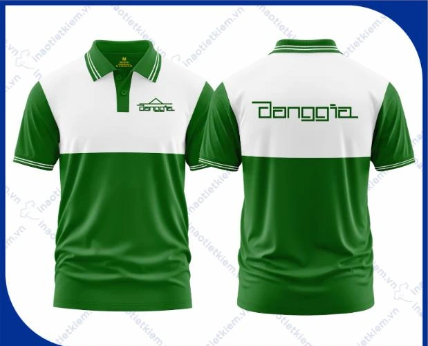 Mẫu áo polo đồng phục màu xanh lá phối trắng in logo công ty nội thất, xây dựng, mặt trước và mặt sau – AKOPA