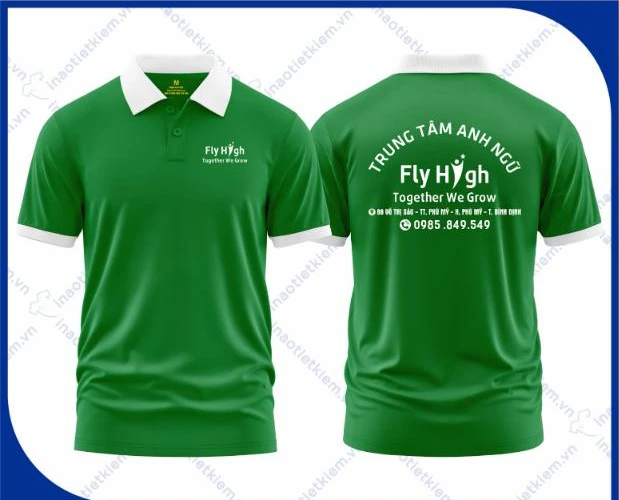 Mẫu áo polo đồng phục màu xanh lá cổ trắng in logo trung tâm ngoại ngữ, giáo dục, mặt trước và mặt sau – AKOPA