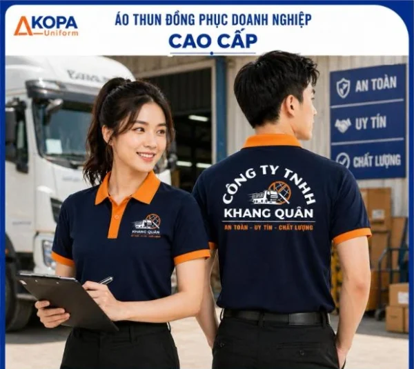 Áo polo đồng phục màu xanh navy cổ cam in logo công ty vận tải, logistics – APL20
